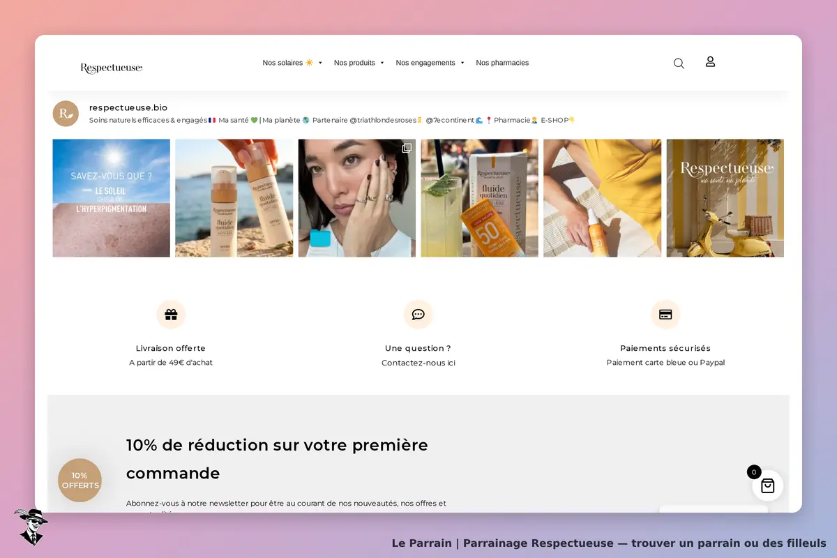 Respectueuse : page d'accueil avec divers produits de soin et informations sur la livraison