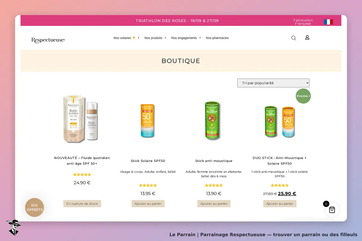 Respectueuse : page de la boutique avec plusieurs produits solaires et anti-moustiques affichés