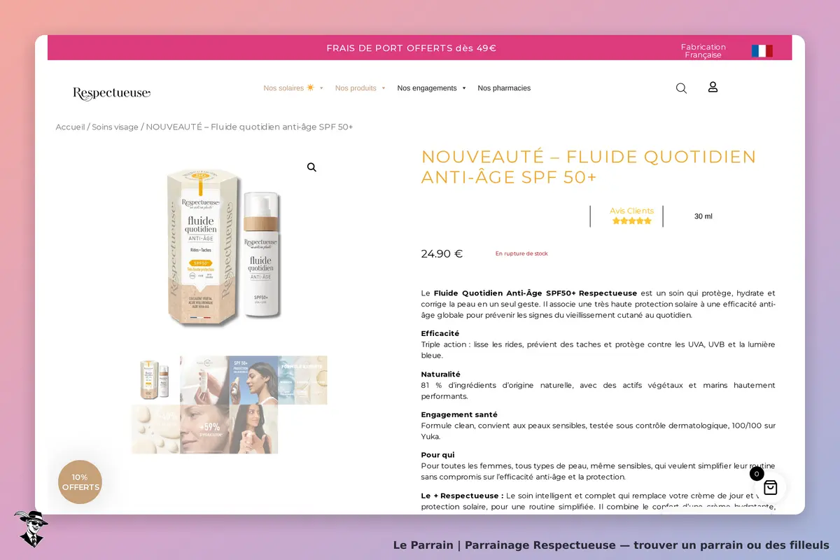Respectueuse : page produit présentant le fluide quotidien anti-âge SPF 50+ et ses caractéristiques