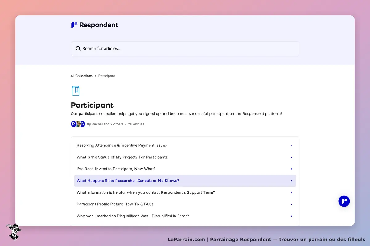 Respondent : page d'accueil de la catégorie Participant avec articles et barre de recherche