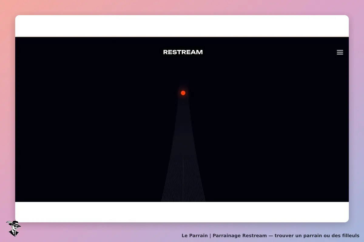 Restream : logo avec un point rouge lumineux sur fond noir, texte en haut de l'écran