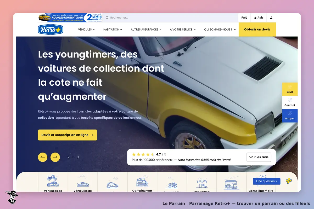 Rétro+ : page d'accueil avec une voiture de collection et des options de devis en ligne