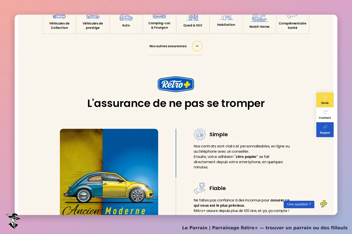 Rétro+ : page d'accueil avec un slogan et une illustration de voitures ancienne et moderne