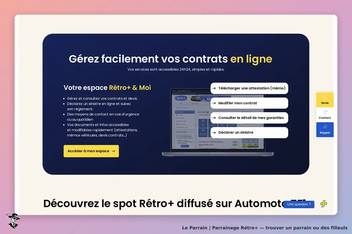 Rétro+ : page d'accueil avec options de gestion de contrats et de sinistres en ligne