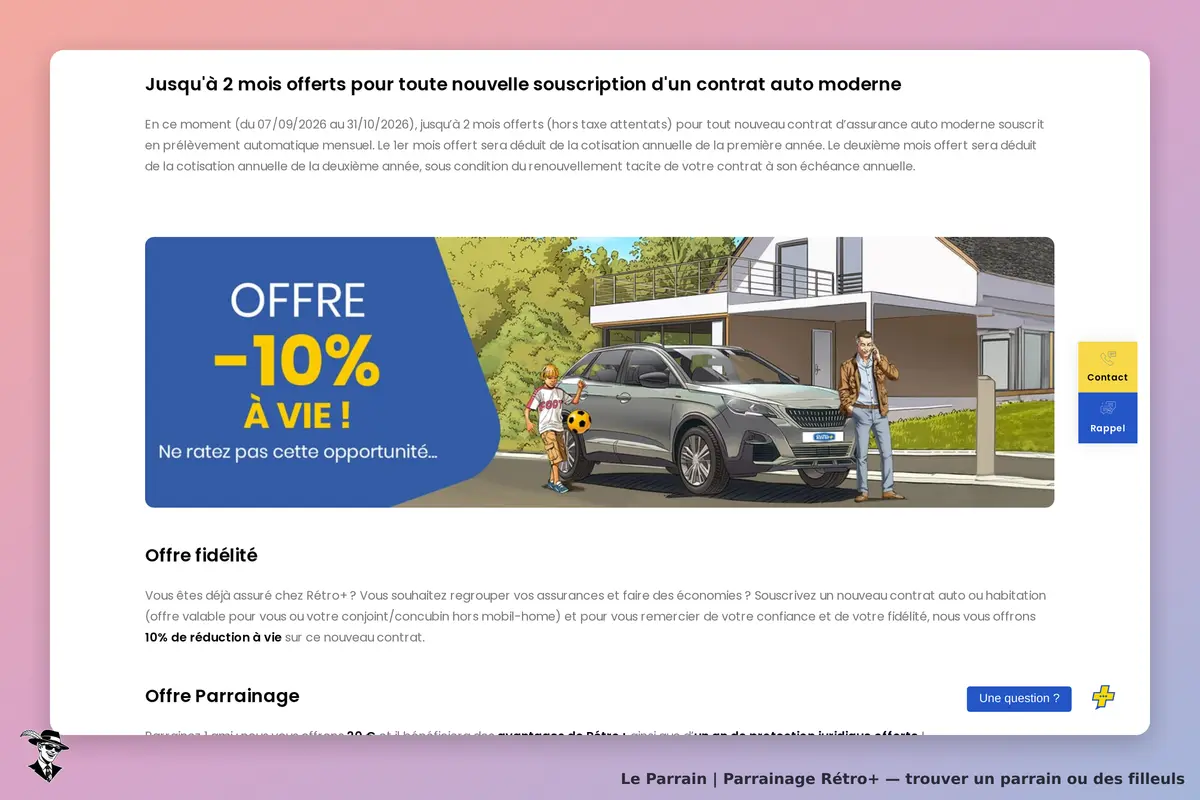 Rétro+ : page d'accueil avec illustration d'une voiture et d'une offre promotionnelle