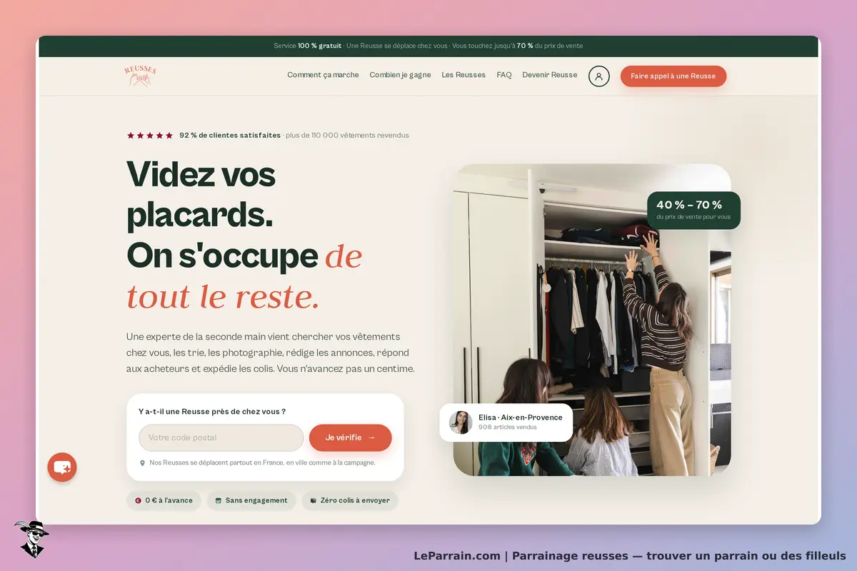Reusses : page d'accueil avec un texte sur le rangement de vêtements et une image d'un placard