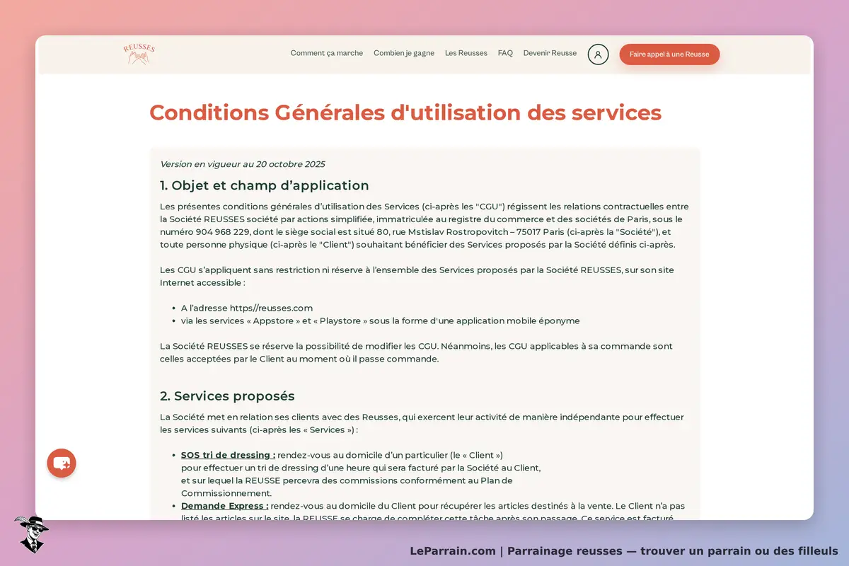 Reusses : page des Conditions Générales d'utilisation des services avec texte explicatif