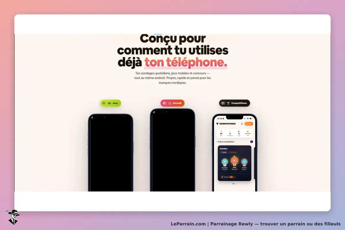 Rewly : page d'accueil présentant trois smartphones avec des options de navigation