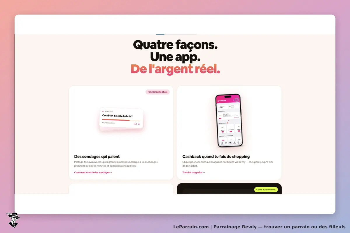 Rewly : page d'accueil présentant des fonctionnalités et une application mobile