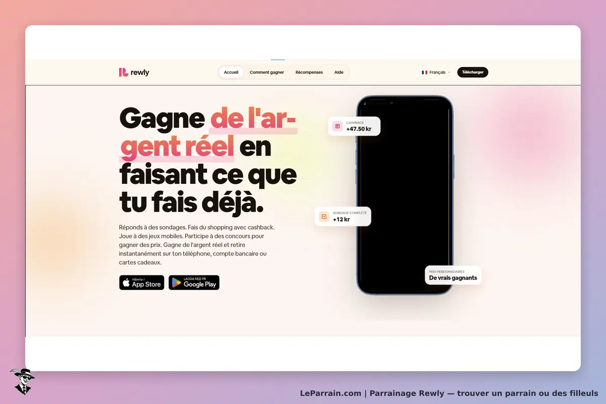 Rewly : page d'accueil avec un smartphone et des textes sur les gains et les activités