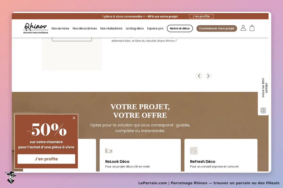 Rhinov : page d'accueil avec options de projets déco et un message promotionnel