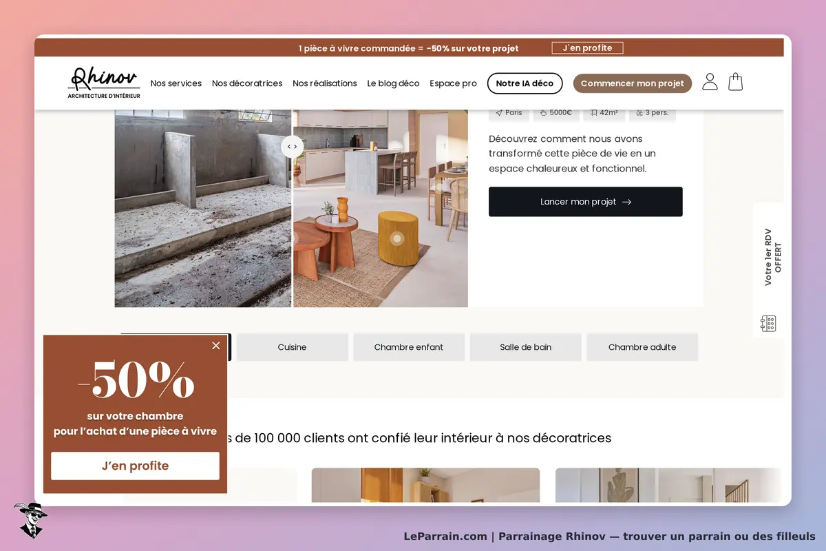 Rhinov : page d'accueil avec images de projets de décoration intérieure et options de services