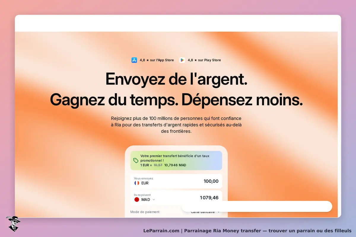 Ria Money transfer : page d'accueil avec message sur l'envoi d'argent et un formulaire de transfert