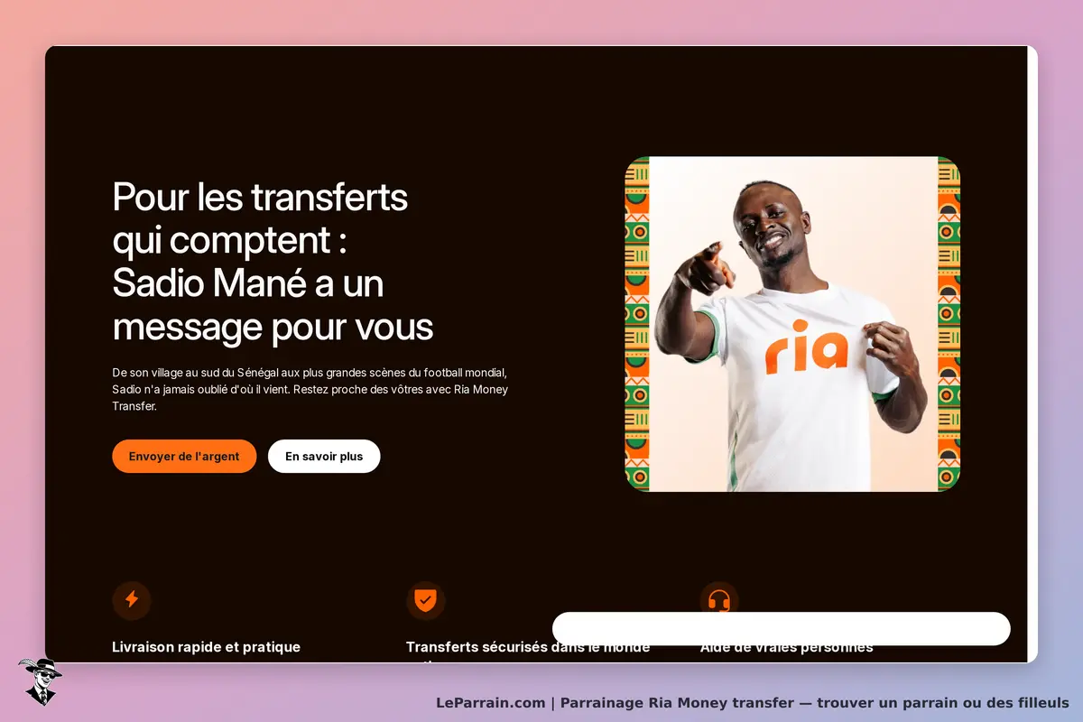 Ria Money Transfer : page d'accueil avec Sadio Mané et options pour envoyer de l'argent