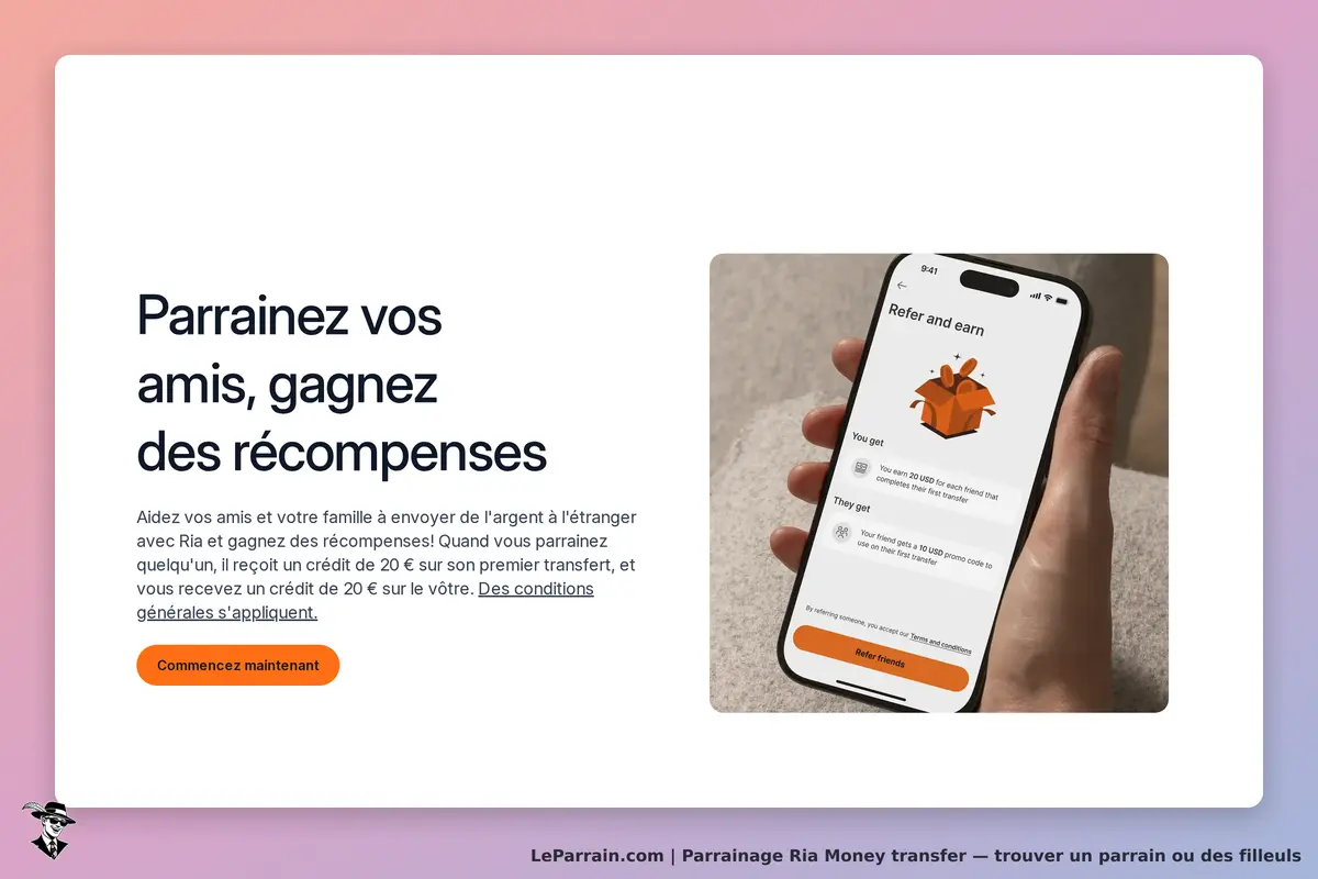 Ria Money Transfer : page d'accueil avec invitation à parrainer et image d'un smartphone affichant