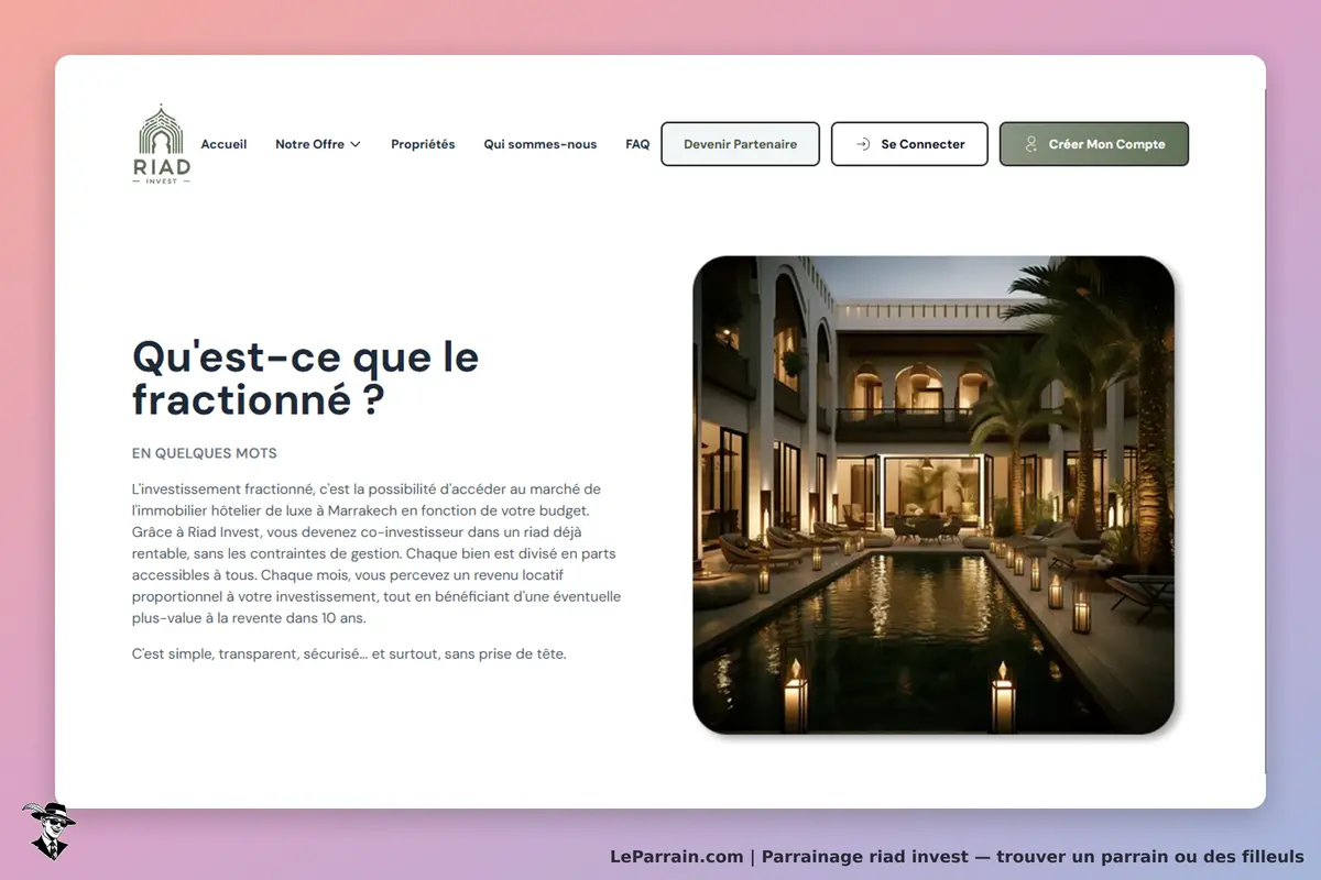 RIAD INVEST : présentation de l'investissement fractionné avec image d'un riad à Marrakech