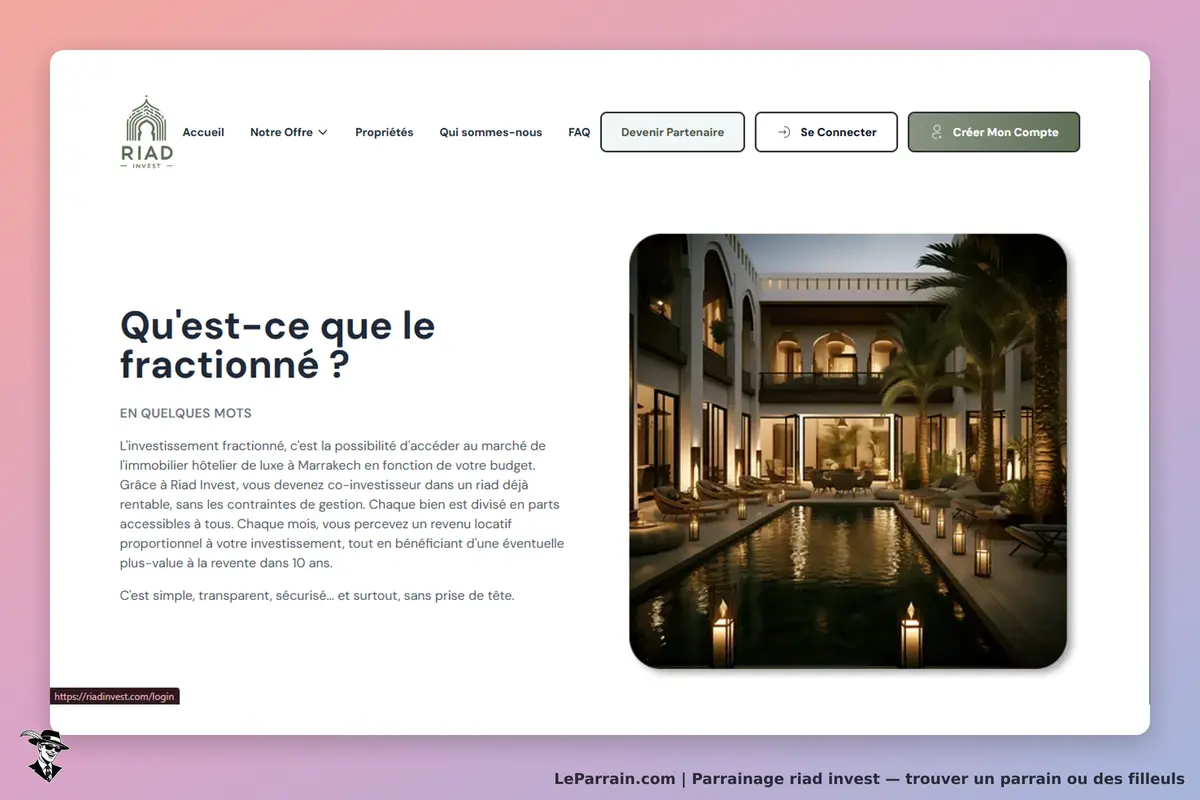 RIAD INVEST : explication sur l'investissement fractionné avec image d'un riad à Marrakech