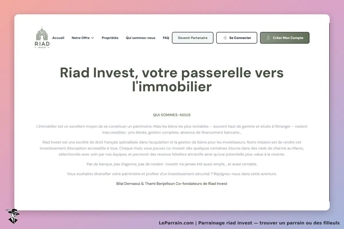 Riad Invest : page d'accueil présentant les services liés à l'immobilier et l'équipe fondatrice