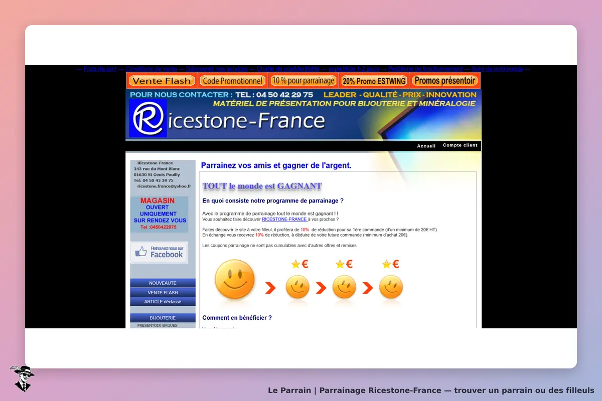 Ricestone-France : page d'accueil avec programme de parrainage et illustrations explicatives