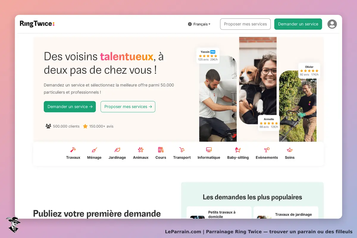 Ring Twice : page d'accueil avec services, évaluations et profils de prestataires