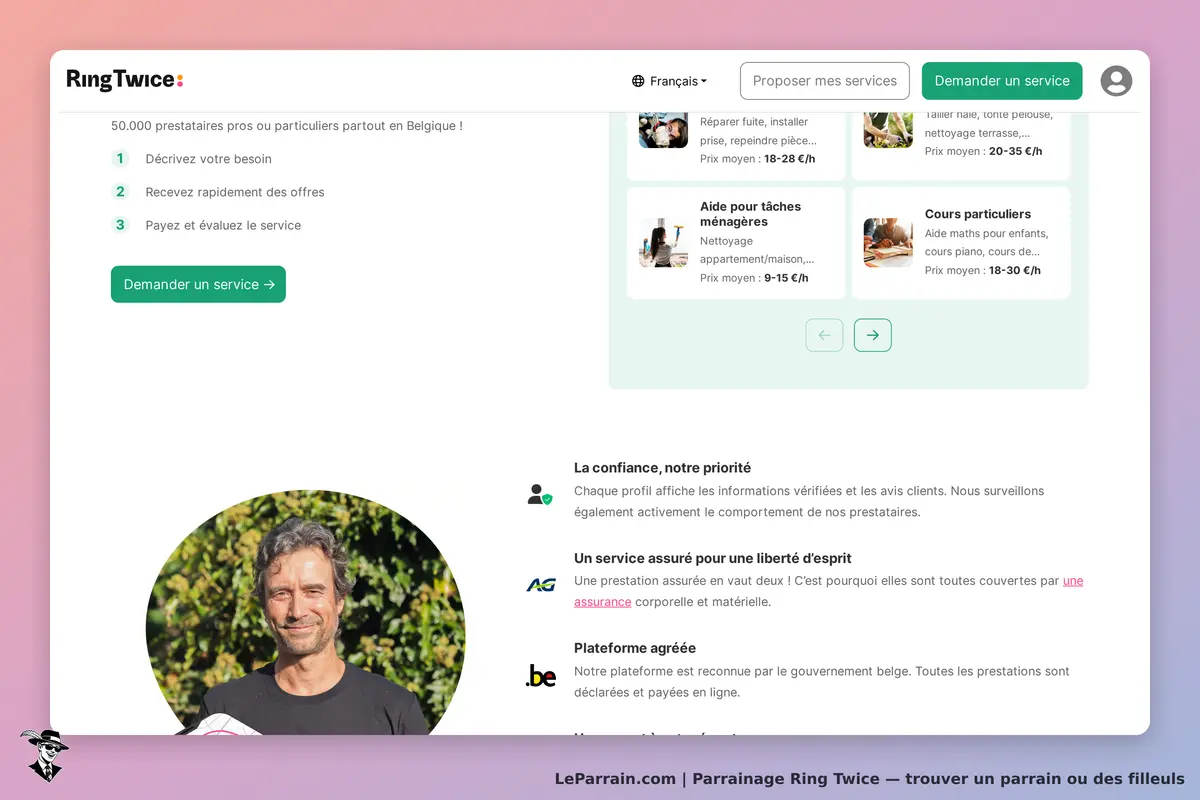 Ring Twice : page d'accueil avec services proposés et un formulaire pour demander un service