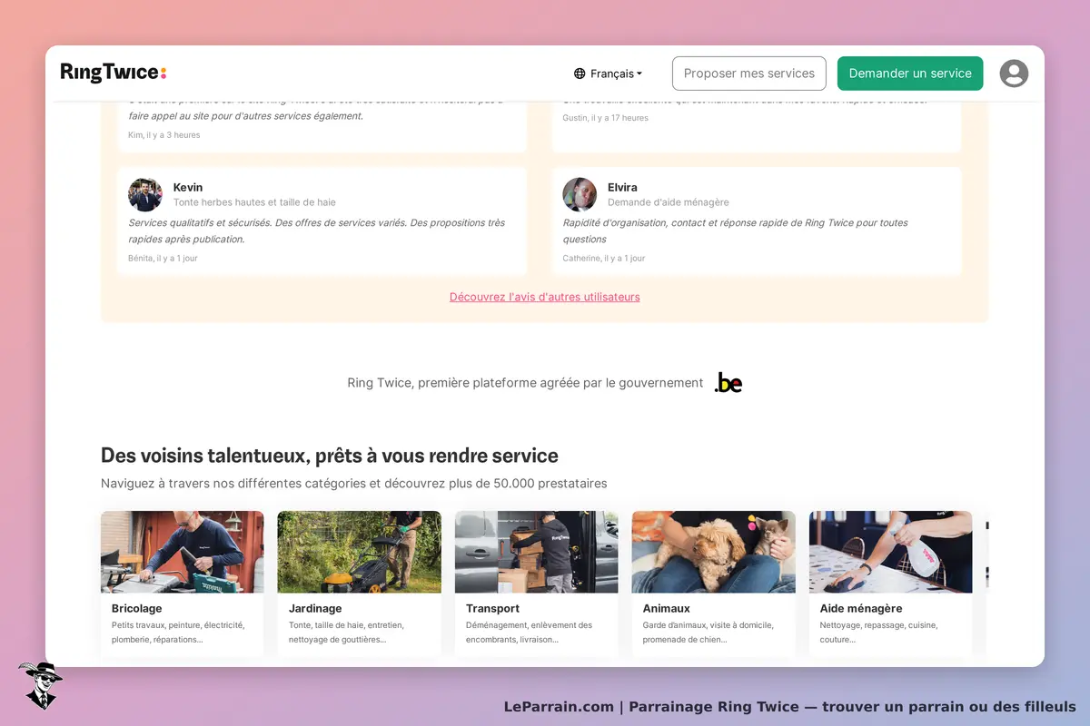 Ring Twice : page d'accueil avec avis utilisateurs et catégories de services proposés