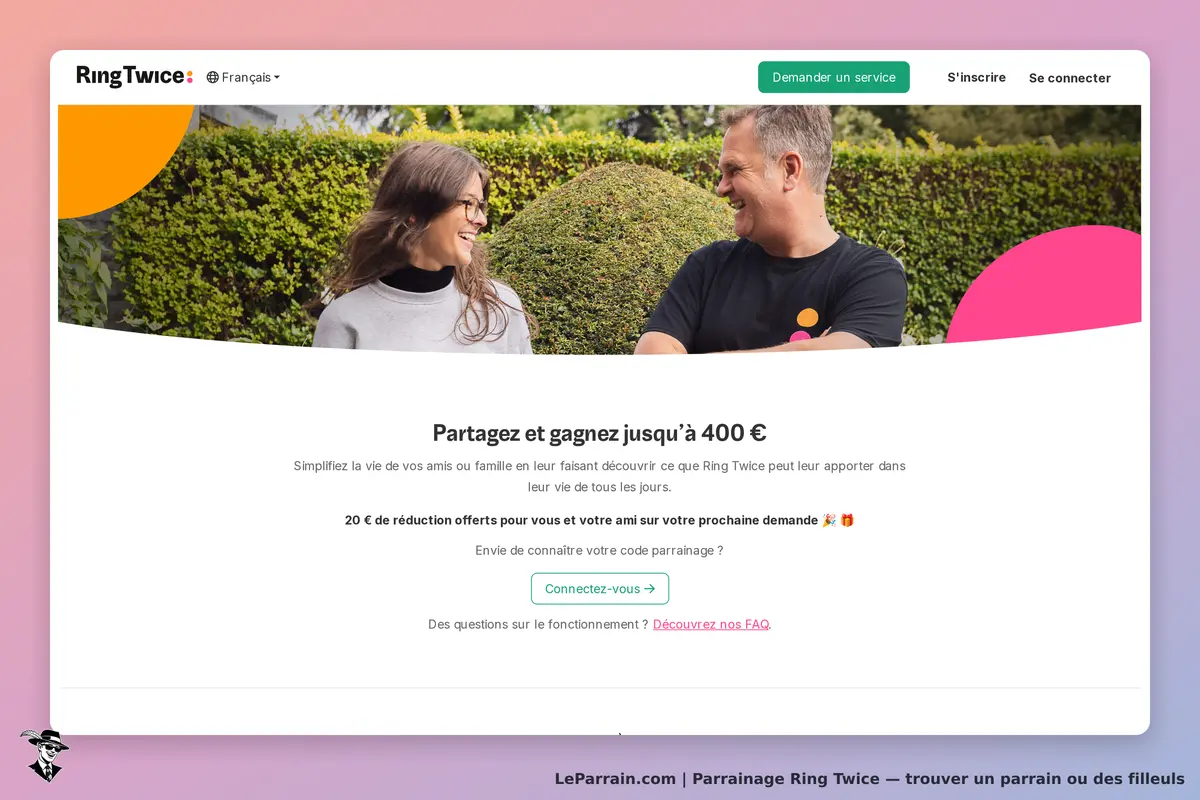 Ring Twice : page d'accueil avec deux personnes souriantes et un message sur le parrainage