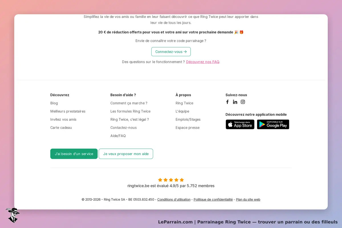 Ring Twice : section inférieure du site avec liens, options d'aide et note des utilisateurs