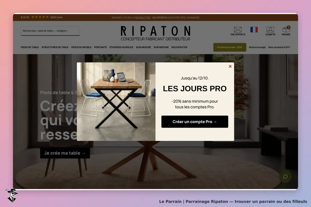 Ripaton : page d'accueil présentant une table en bois et un formulaire pour créer un compte Pro