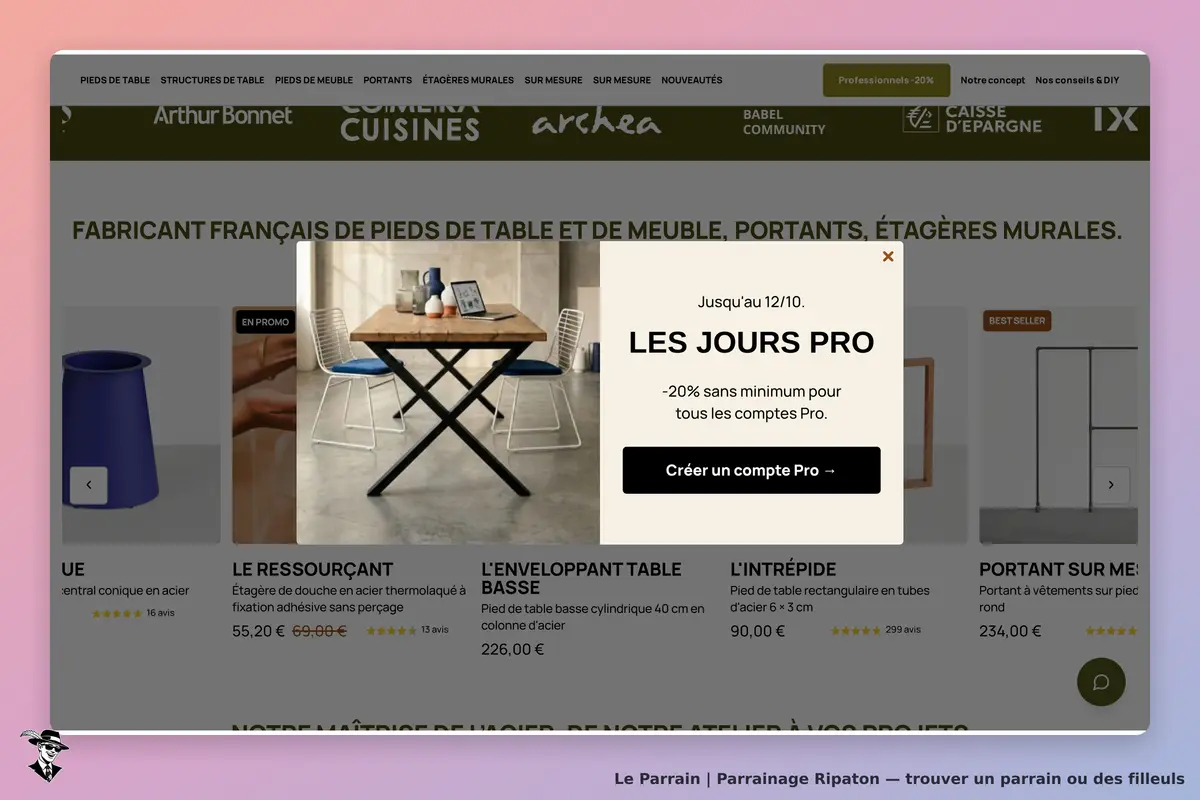 Ripaton : page d'accueil avec un tableau, des produits et une fenêtre d'information promotionnelle