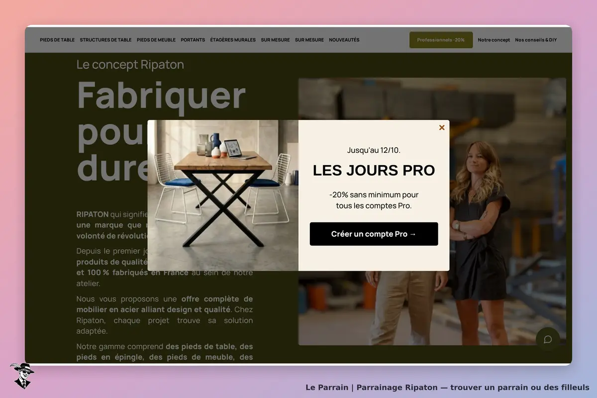 Ripaton : présentation du concept avec une table et un formulaire d'inscription en surimpression