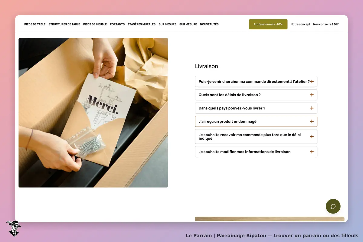 Ripaton : un colis ouvert avec un message "Merci" et des vis, questions sur la livraison à droite