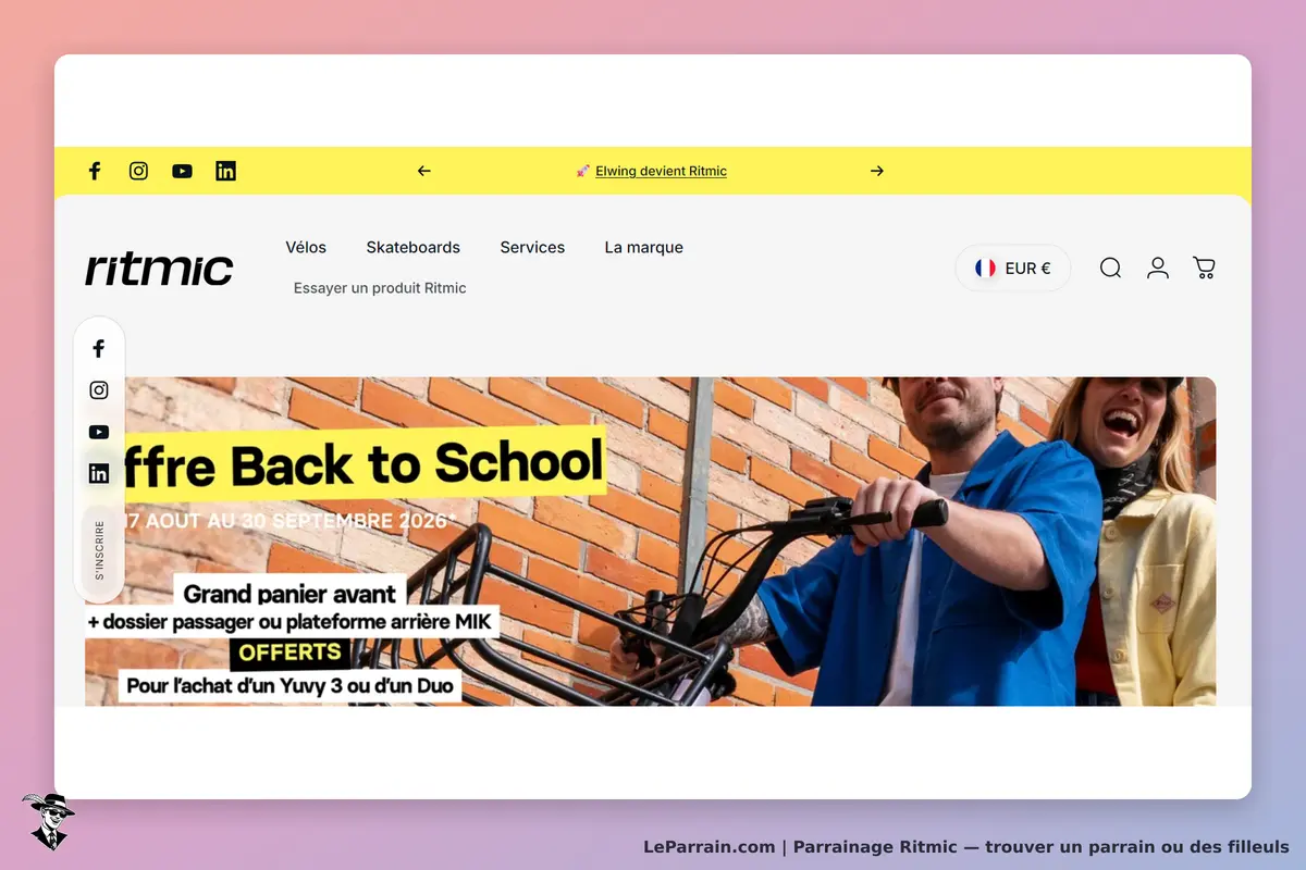 Ritmic : page d'accueil avec un homme tenant un vélo et deux personnes souriantes en arrière-plan