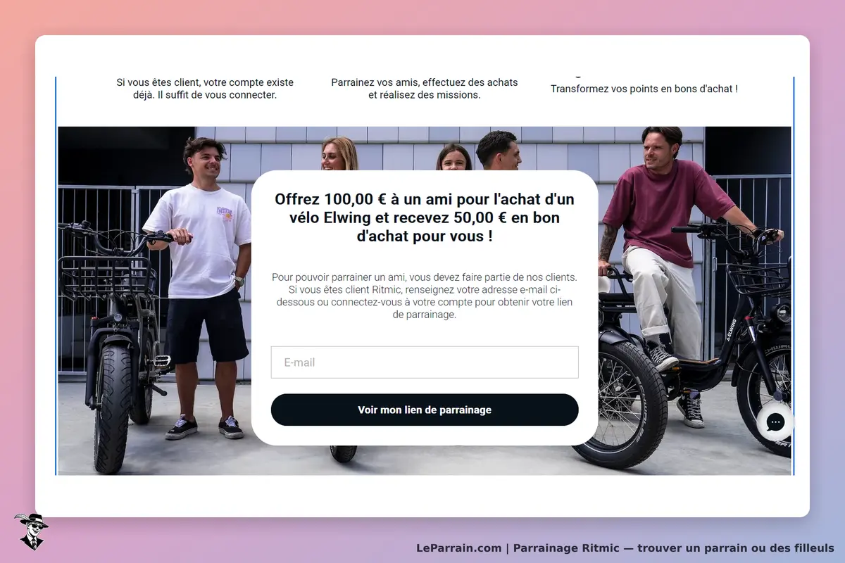 Ritmic : page d'accueil avec un formulaire de parrainage et des vélos Elwing en arrière-plan