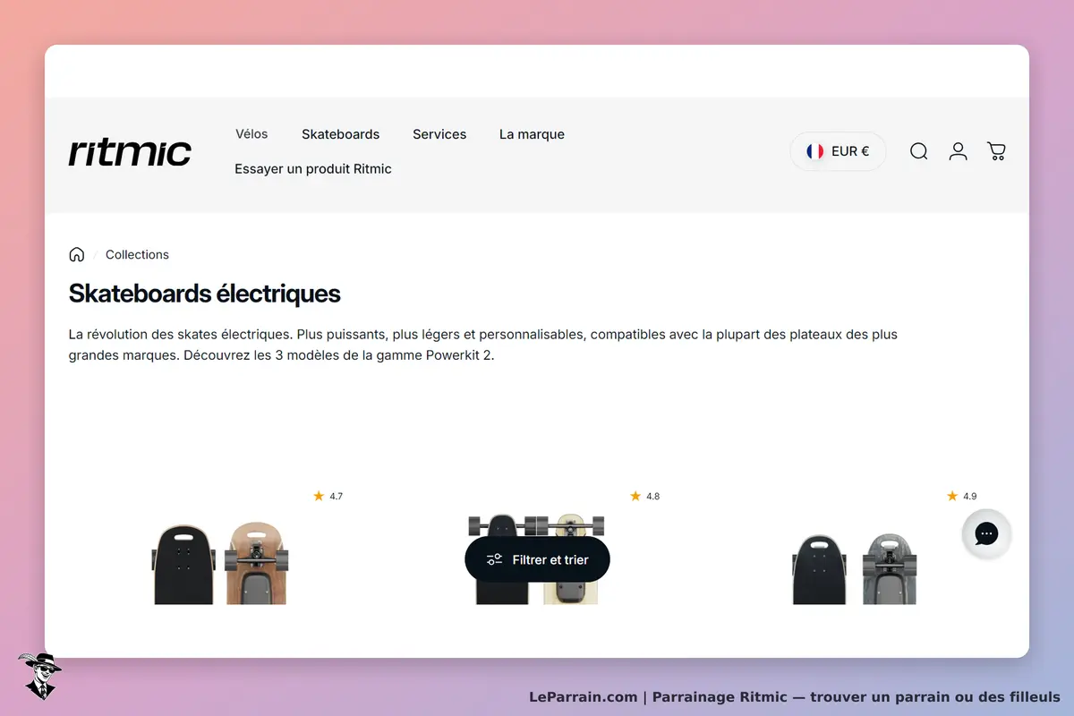 ritmic : page présentant des skateboards électriques avec des modèles et évaluations visibles