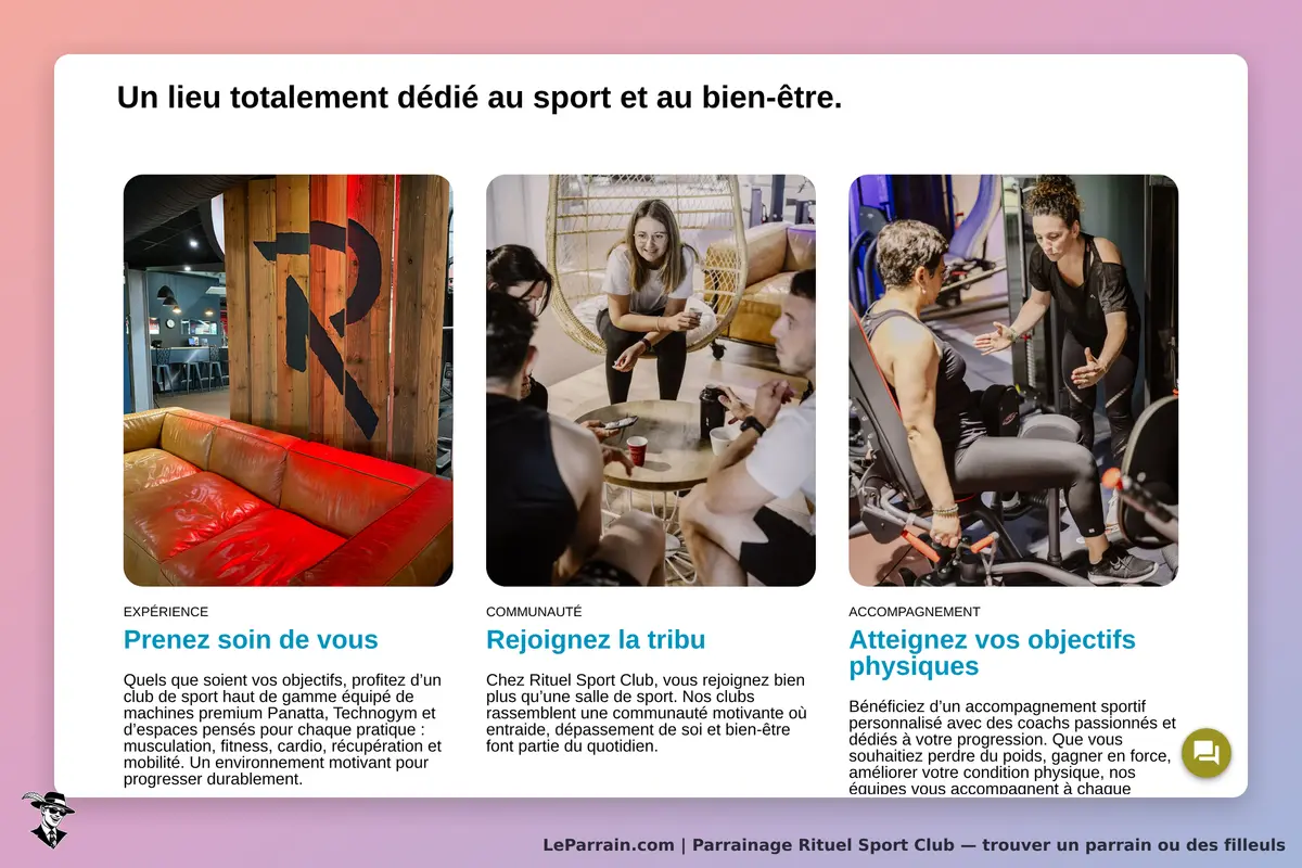 Rituel Sport Club : page d'accueil présentant des espaces de sport et des activités communautaires