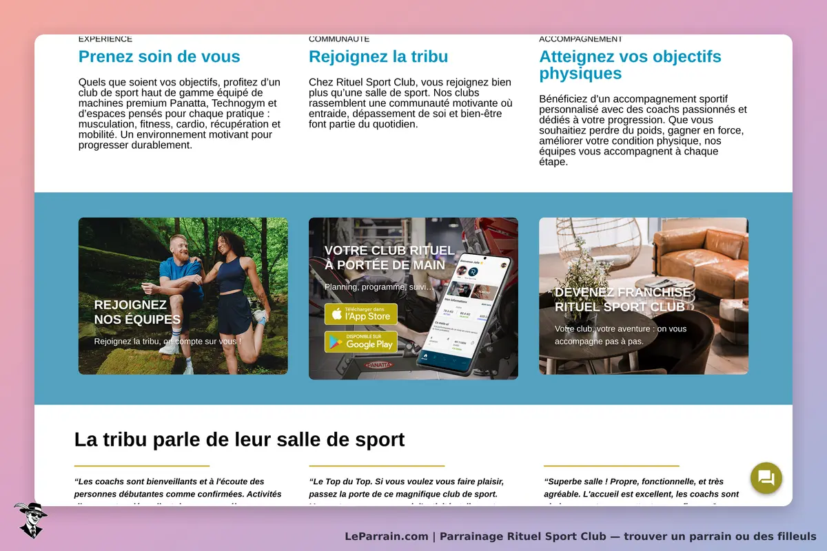 Rituel Sport Club : page d'accueil avec sections sur l'expérience, la communauté et