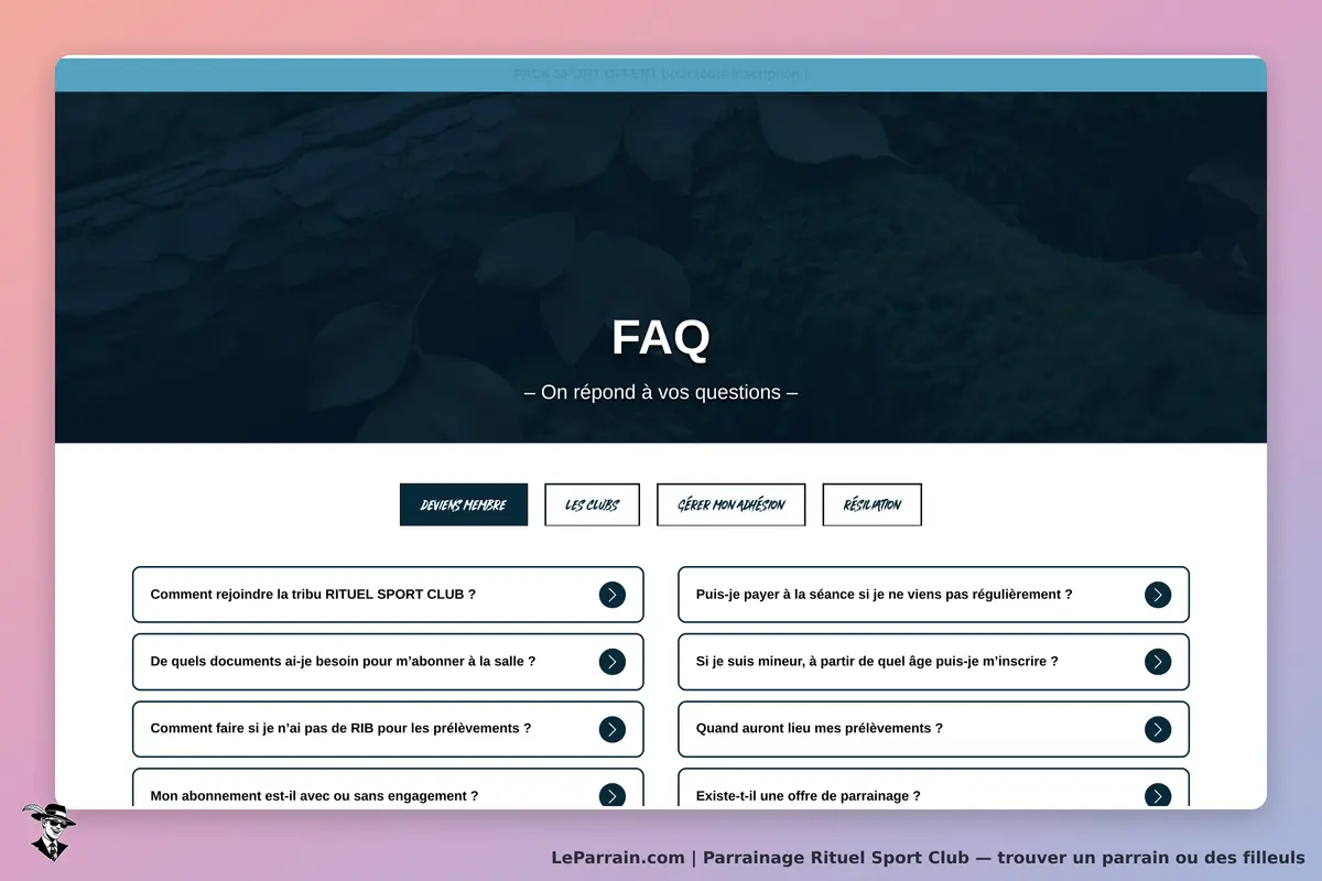 Rituel Sport Club : page FAQ avec questions sur l'abonnement et les modalités d'inscription