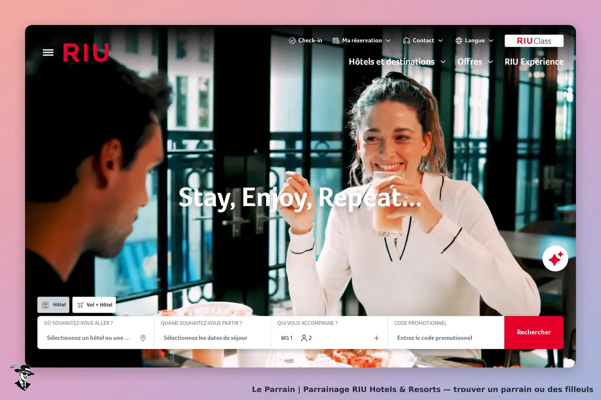 RIU Hotels & Resorts : rIU : page d'accueil avec un couple souriant et un formulaire de réservation