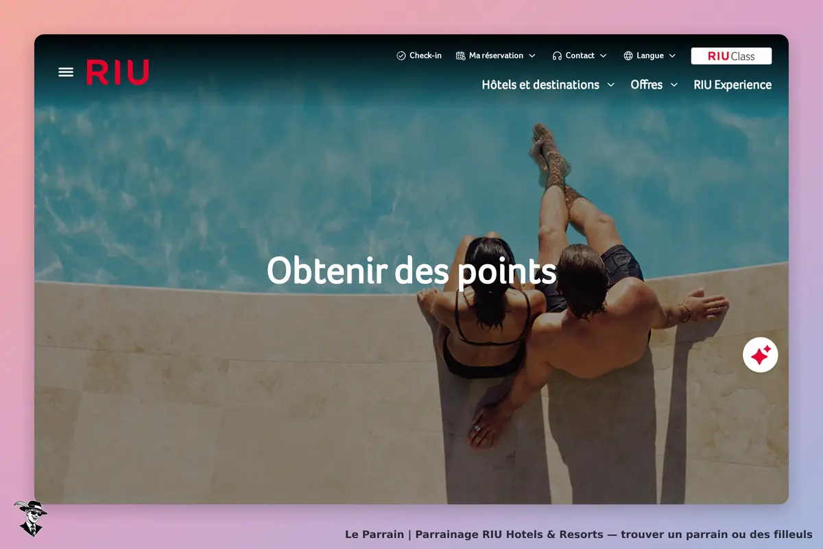 RIU Hotels & Resorts : rIU : deux personnes assises au bord d'une piscine, avec le texte "Obtenir