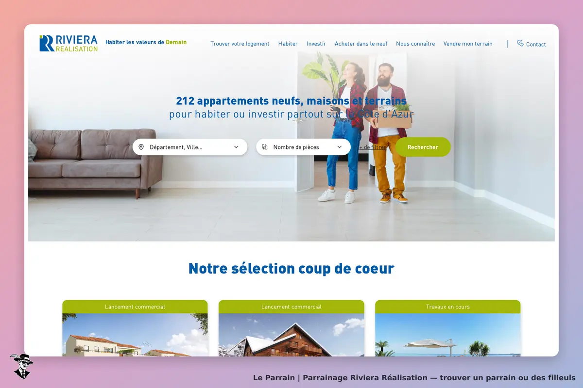RIVIERA RÉALISATION : page d'accueil avec un formulaire de recherche et des images de projets