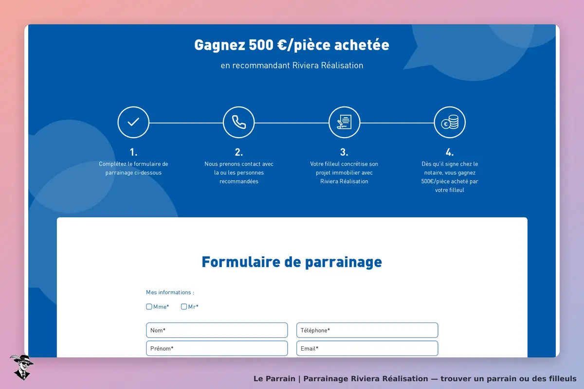 Riviera Réalisation : étapes de parrainage et formulaire de parrainage en bas de page