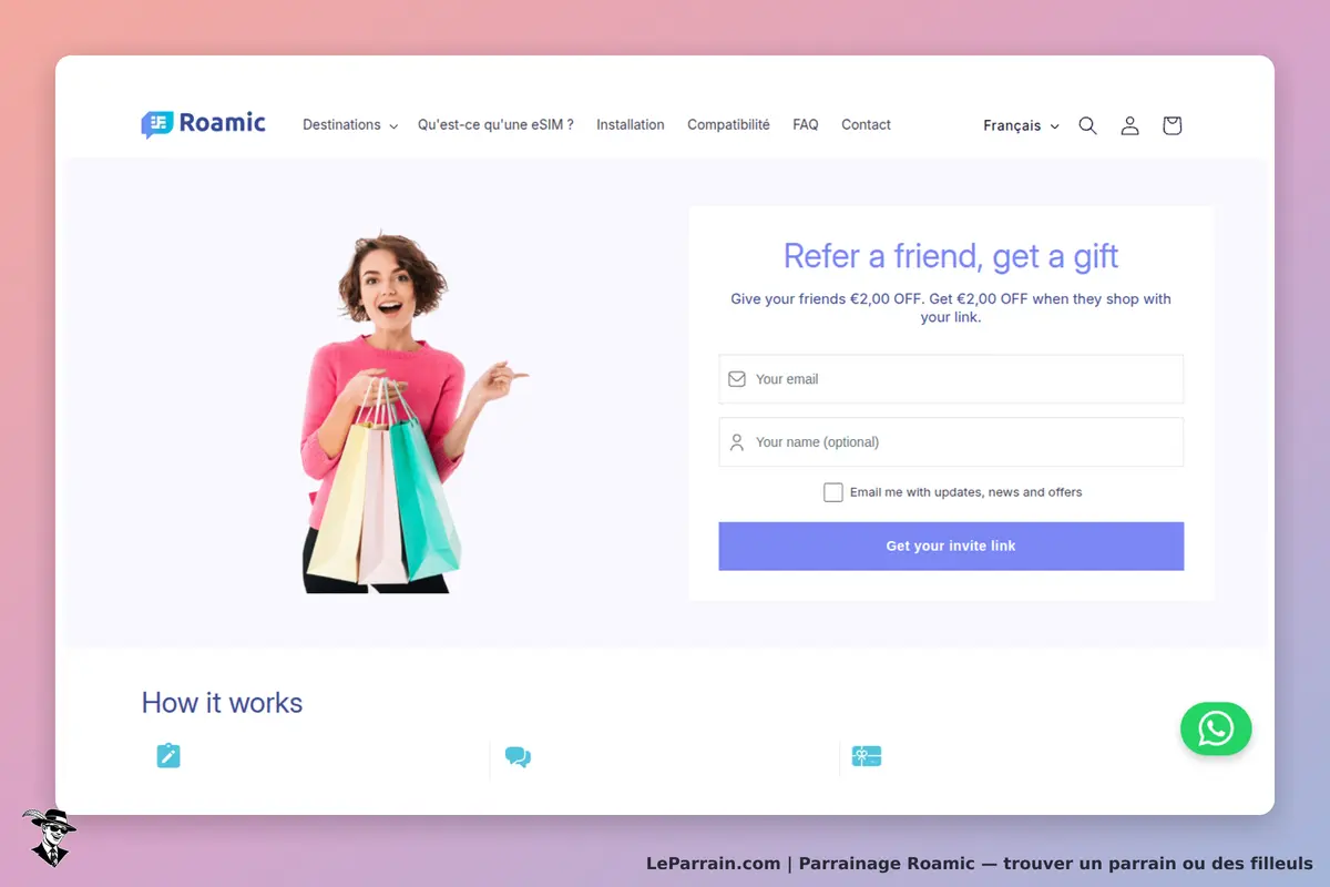 Roamic : page d'accueil avec une femme souriante tenant des sacs de shopping et un formulaire