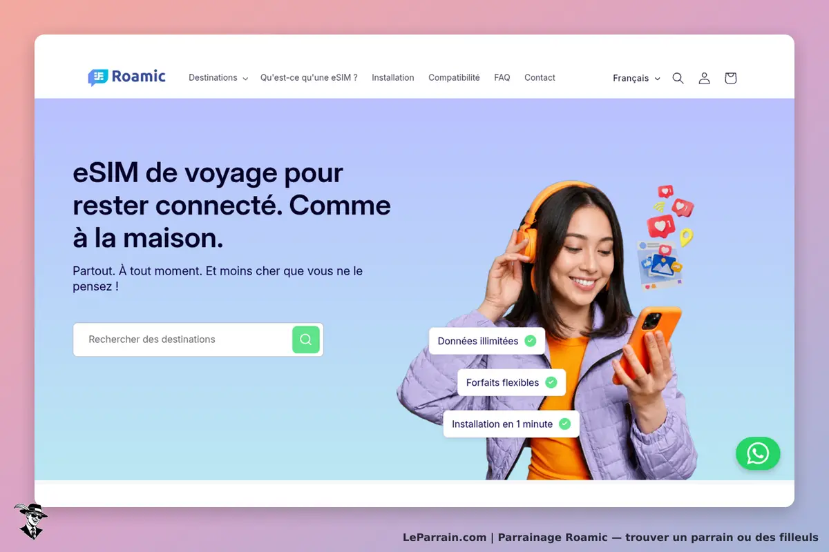 Roamic : page d'accueil présentant une eSIM avec une femme utilisant un smartphone