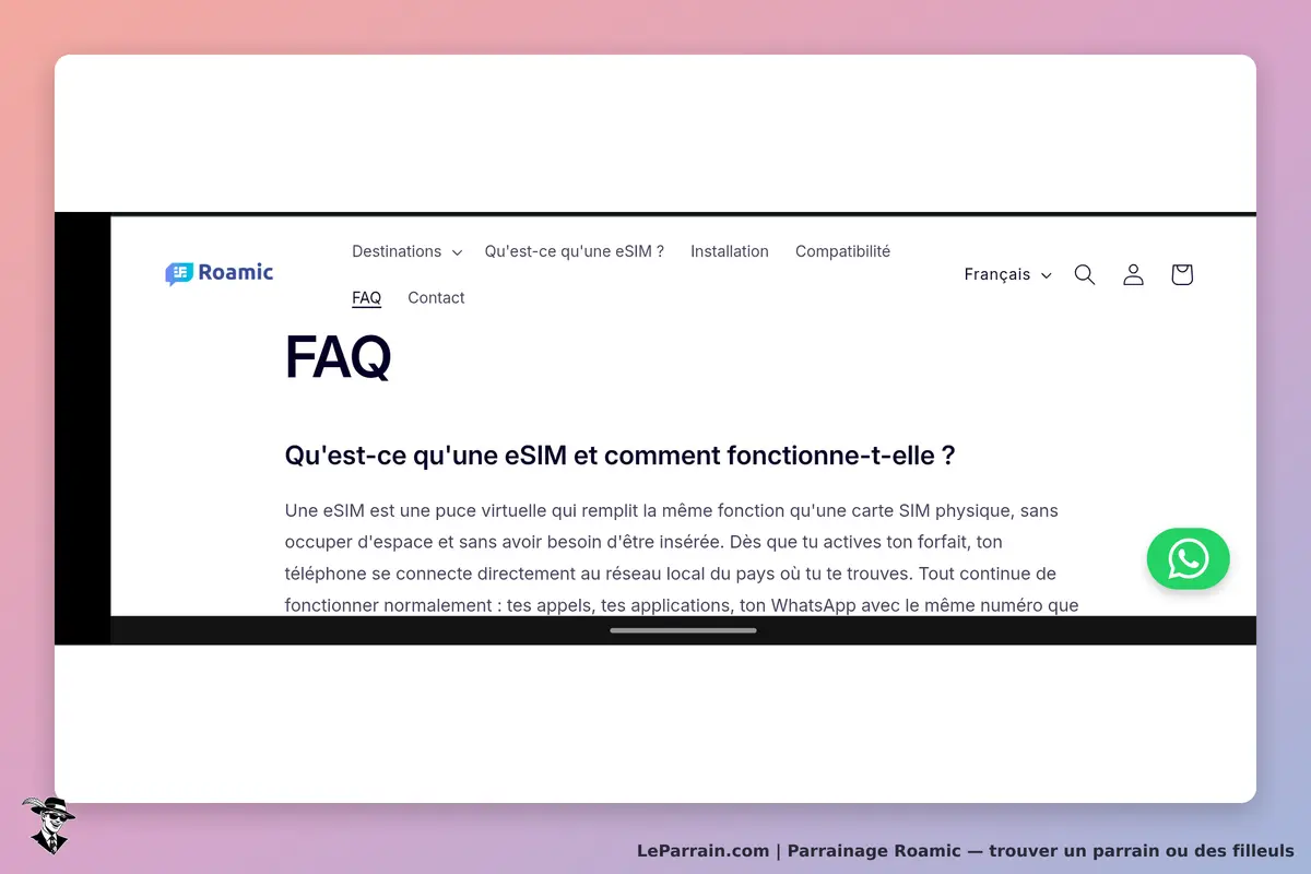 Roamic : section FAQ expliquant le fonctionnement de l'eSIM avec un lien vers WhatsApp