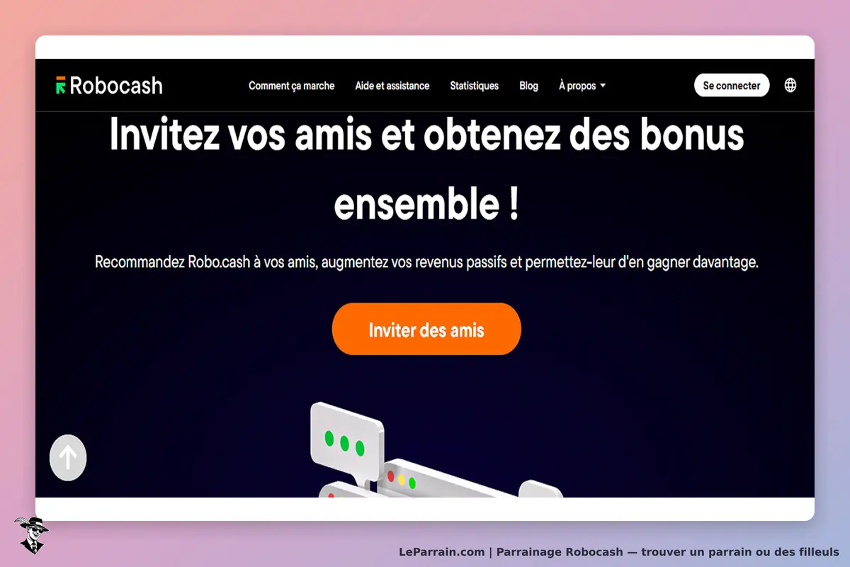 Robocash : page d'accueil invitant à recommander le service à des amis avec un bouton d'invitation