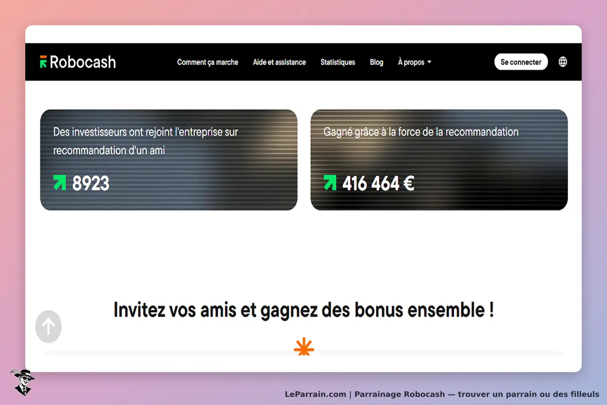 Robocash : page d'accueil avec statistiques sur les recommandations et invitation à inviter des