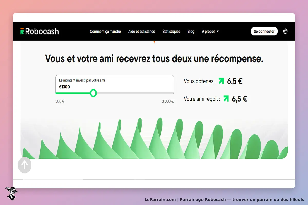 Robocash : page d'accueil avec un formulaire de montant d'investissement et des récompenses