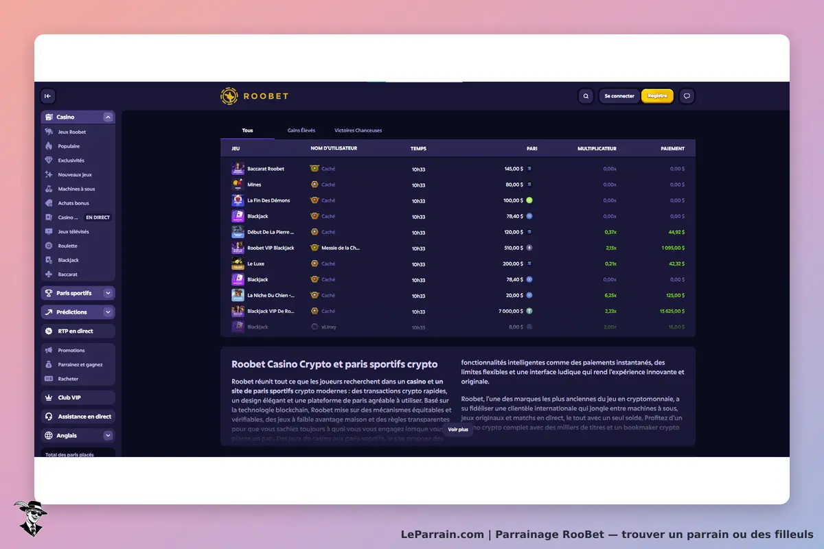 RooBet : tableau des jeux avec gains, utilisateurs, temps, paris et paiements affichés