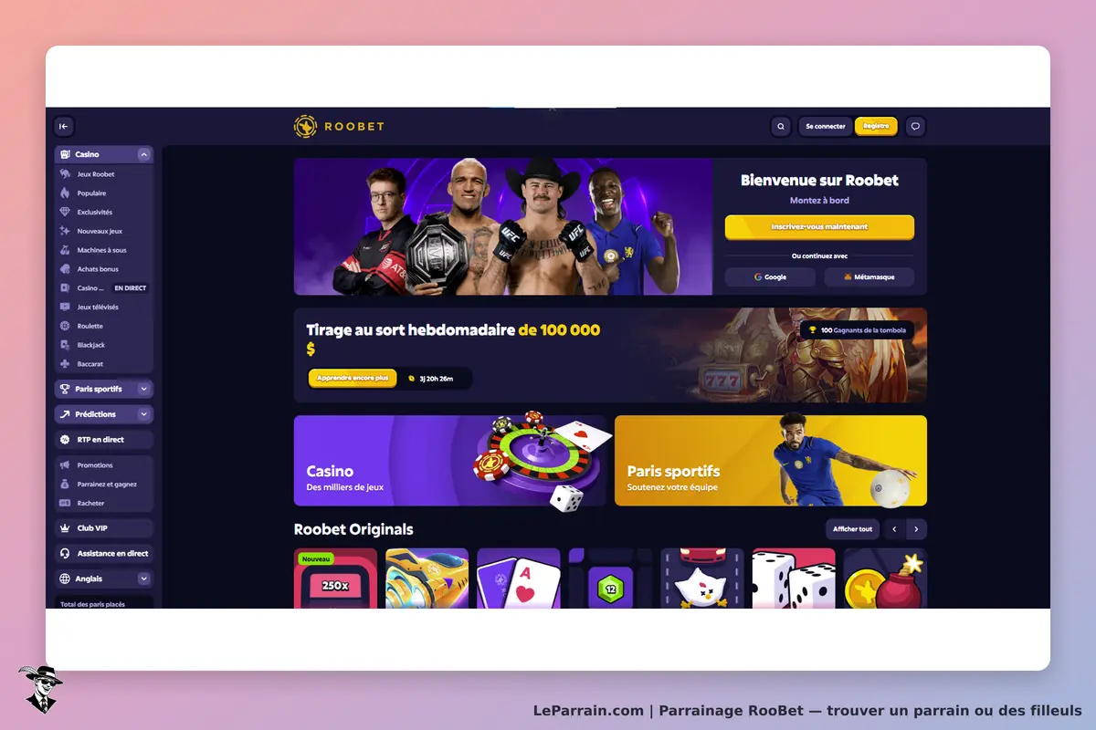 RooBet : page d'accueil avec des sections pour le casino et les paris sportifs